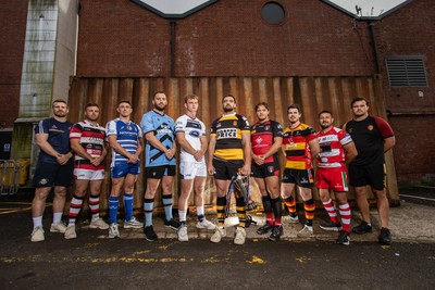 280825 - Super Rygbi Cymru Launch - Jonathan Lewis (Ebbw Vale), Owain James (Pontypool), Zac O�Driscoll (Bridgend), Craig Hudd (Cardiff), Josh Phillips (Swansea), Ben Roach (Newport), Joe Gage (Aberavon), Rhodri Davies (Carmarthen), Lee Rees (Llandovery) and Sam Williams (RGC)
