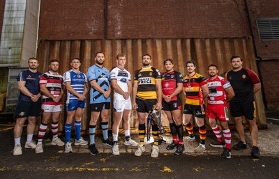 280825 - Super Rygbi Cymru Launch - Jonathan Lewis (Ebbw Vale), Owain James (Pontypool), Zac O�Driscoll (Bridgend), Craig Hudd (Cardiff), Josh Phillips (Swansea), Ben Roach (Newport), Joe Gage (Aberavon), Rhodri Davies (Carmarthen), Lee Rees (Llandovery) and Sam Williams (RGC)