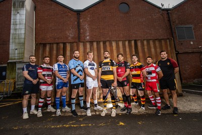 280825 - Super Rygbi Cymru Launch - Jonathan Lewis (Ebbw Vale), Owain James (Pontypool), Zac O�Driscoll (Bridgend), Craig Hudd (Cardiff), Josh Phillips (Swansea), Ben Roach (Newport), Joe Gage (Aberavon), Rhodri Davies (Carmarthen), Lee Rees (Llandovery) and Sam Williams (RGC)