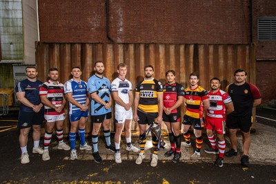 280825 - Super Rygbi Cymru Launch - Jonathan Lewis (Ebbw Vale), Owain James (Pontypool), Zac O�Driscoll (Bridgend), Craig Hudd (Cardiff), Josh Phillips (Swansea), Ben Roach (Newport), Joe Gage (Aberavon), Rhodri Davies (Carmarthen), Lee Rees (Llandovery) and Sam Williams (RGC)
