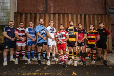 280825 - Super Rygbi Cymru Cup Launch - Jonathan Lewis (Ebbw Vale), Owain James (Pontypool), Zac O�Driscoll (Bridgend), Craig Hudd (Cardiff), Josh Phillips (Swansea), Lee Rees (Llandovery), Ben Roach (Newport),  Joe Gage (Aberavon), Rhodri Davies (Carmarthen) and Sam Williams (RGC)