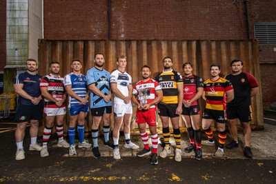 280825 - Super Rygbi Cymru Cup Launch - Jonathan Lewis (Ebbw Vale), Owain James (Pontypool), Zac O�Driscoll (Bridgend), Craig Hudd (Cardiff), Josh Phillips (Swansea), Lee Rees (Llandovery), Ben Roach (Newport),  Joe Gage (Aberavon), Rhodri Davies (Carmarthen) and Sam Williams (RGC)