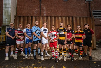 280825 - Super Rygbi Cymru Cup Launch - Jonathan Lewis (Ebbw Vale), Owain James (Pontypool), Zac O�Driscoll (Bridgend), Craig Hudd (Cardiff), Josh Phillips (Swansea), Lee Rees (Llandovery), Ben Roach (Newport),  Joe Gage (Aberavon), Rhodri Davies (Carmarthen) and Sam Williams (RGC)
