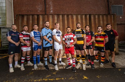 280825 - Super Rygbi Cymru Cup Launch - Jonathan Lewis (Ebbw Vale), Owain James (Pontypool), Zac O�Driscoll (Bridgend), Craig Hudd (Cardiff), Josh Phillips (Swansea), Lee Rees (Llandovery), Ben Roach (Newport),  Joe Gage (Aberavon), Rhodri Davies (Carmarthen) and Sam Williams (RGC)