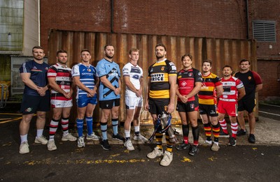280825 - Super Rygbi Cymru Launch - Jonathan Lewis (Ebbw Vale), Owain James (Pontypool), Zac O�Driscoll (Bridgend), Craig Hudd (Cardiff), Josh Phillips (Swansea), Ben Roach (Newport), Joe Gage (Aberavon), Rhodri Davies (Carmarthen), Lee Rees (Llandovery) and Sam Williams (RGC)