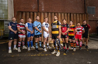 280825 - Super Rygbi Cymru Launch - Jonathan Lewis (Ebbw Vale), Owain James (Pontypool), Zac O�Driscoll (Bridgend), Craig Hudd (Cardiff), Josh Phillips (Swansea), Ben Roach (Newport), Joe Gage (Aberavon), Rhodri Davies (Carmarthen), Lee Rees (Llandovery) and Sam Williams (RGC)