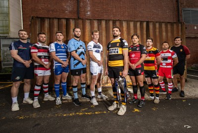 280825 - Super Rygbi Cymru Launch - Jonathan Lewis (Ebbw Vale), Owain James (Pontypool), Zac O�Driscoll (Bridgend), Craig Hudd (Cardiff), Josh Phillips (Swansea), Ben Roach (Newport), Joe Gage (Aberavon), Rhodri Davies (Carmarthen), Lee Rees (Llandovery) and Sam Williams (RGC)