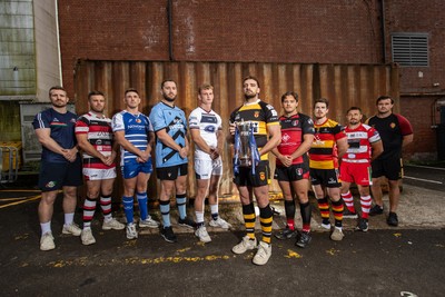 280825 - Super Rygbi Cymru Launch - Jonathan Lewis (Ebbw Vale), Owain James (Pontypool), Zac O�Driscoll (Bridgend), Craig Hudd (Cardiff), Josh Phillips (Swansea), Ben Roach (Newport), Joe Gage (Aberavon), Rhodri Davies (Carmarthen), Lee Rees (Llandovery) and Sam Williams (RGC)