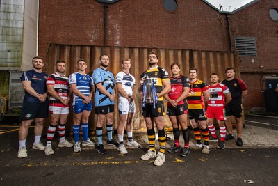 280825 - Super Rygbi Cymru Launch - Jonathan Lewis (Ebbw Vale), Owain James (Pontypool), Zac O�Driscoll (Bridgend), Craig Hudd (Cardiff), Josh Phillips (Swansea), Ben Roach (Newport), Joe Gage (Aberavon), Rhodri Davies (Carmarthen), Lee Rees (Llandovery) and Sam Williams (RGC)