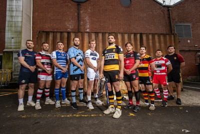 280825 - Super Rygbi Cymru Launch - Jonathan Lewis (Ebbw Vale), Owain James (Pontypool), Zac O�Driscoll (Bridgend), Craig Hudd (Cardiff), Josh Phillips (Swansea), Ben Roach (Newport), Joe Gage (Aberavon), Rhodri Davies (Carmarthen), Lee Rees (Llandovery) and Sam Williams (RGC)