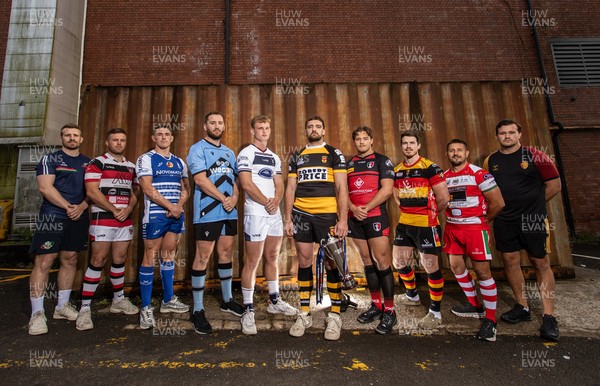 280825 - Super Rygbi Cymru Launch - Jonathan Lewis (Ebbw Vale), Owain James (Pontypool), Zac O�Driscoll (Bridgend), Craig Hudd (Cardiff), Josh Phillips (Swansea), Ben Roach (Newport), Joe Gage (Aberavon), Rhodri Davies (Carmarthen), Lee Rees (Llandovery) and Sam Williams (RGC)