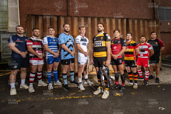 280825 - Super Rygbi Cymru Launch - Jonathan Lewis (Ebbw Vale), Owain James (Pontypool), Zac O�Driscoll (Bridgend), Craig Hudd (Cardiff), Josh Phillips (Swansea), Ben Roach (Newport), Joe Gage (Aberavon), Rhodri Davies (Carmarthen), Lee Rees (Llandovery) and Sam Williams (RGC)