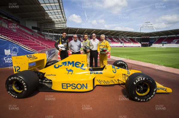 250718 - Picture shows drivers Brett Smith, Cameron Davies and Steve Griffith with Stadium Manager Dave Healey and Tim Matthews at the Superprix Launch, which is taking place at Parc y Scarlets in the summer of 2019