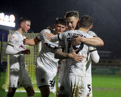 010124 - Sutton United v Newport County - Sky Bet League 2 - Shane McLoughlin of Newport County scores and celebrates