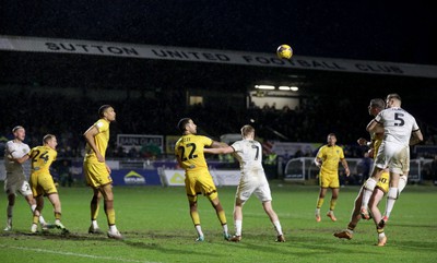 010124 - Sutton United v Newport County - Sky Bet League 2 - Newport's James Clarke heads at goal