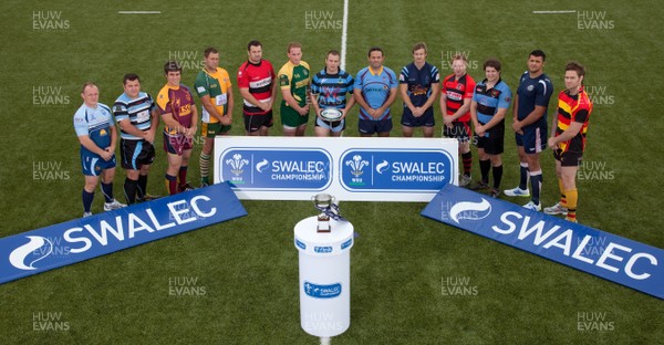 220812 -SWALEC Championship LaunchLeft to right -  Leigh Meades of Bargoed; Haval Ibrahim of Glamorgan Wanderers; Kyle Tayler of Cardiff Met; Robert Downes of Beddau; Jamie Jeune of Pontypool; Matthew Hillman of Bridgend Athletic; Nathan Huish of Llanharan; Gareth Edwards of Tata Steel; Steve Martin of Narberth; Nick Clancy of Bonymaen; Rhys Price of Newbridge; Ashley Sweet of Ebbw Vale and David Ford of Blackwood 