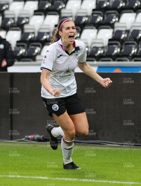 041222 - Swansea City Ladies v Cardiff City Women, Genero Adran Premier League - Katy Hosford of Swansea City Ladies celebrates after beats Cardiff City Women goalkeeper Ceryn Chamberlain as she shoots to score the opening goal