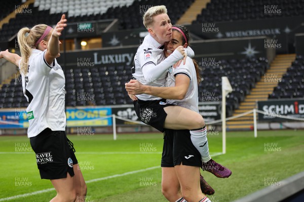 041222 - Swansea City Ladies v Cardiff City Women, Genero Adran Premier League - Katy Hosford of Swansea City Ladies, right, celebrates with Stacey John-Davis of Swansea City Ladies after she scores the opening goal