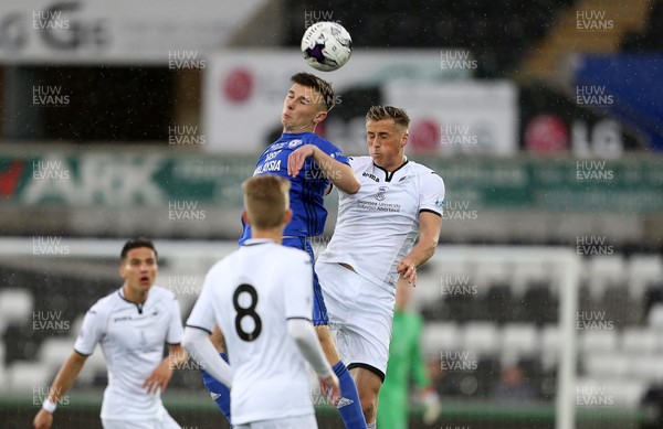 010518 - Swansea City U19s v Cardiff City U19s - FAW Youth Cup Final - Mark Harris of Cardiff and Joe Lewis of Swansea go up for the ball