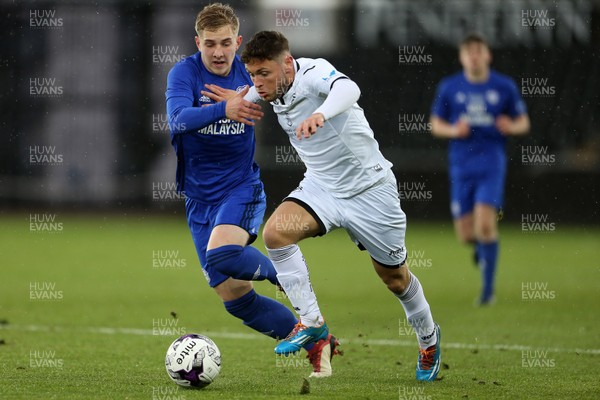 010518 - Swansea City U19s v Cardiff City U19s - FAW Youth Cup Final - Kieran Evans of Swansea is challenged by Mark Harris of Cardiff