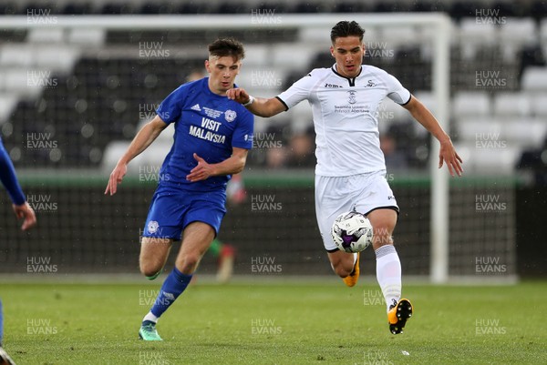 010518 - Swansea City U19s v Cardiff City U19s - FAW Youth Cup Final - Marco Dulca of Swansea is challenged by Connor Davies of Cardiff