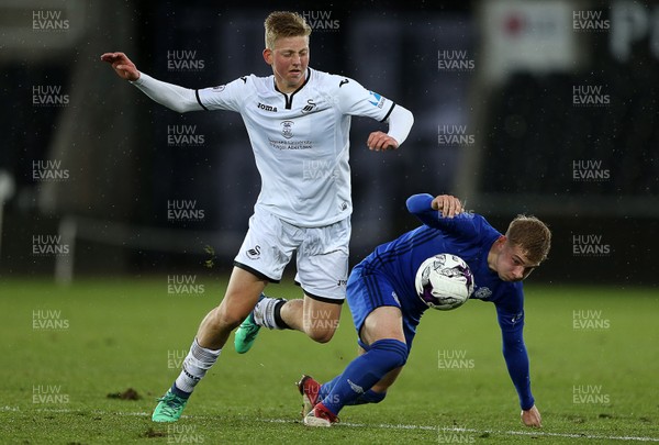 010518 - Swansea City U19s v Cardiff City U19s - FAW Youth Cup Final - Kees De Boer of Swansea is challenged by Laurence Wootton of Cardiff