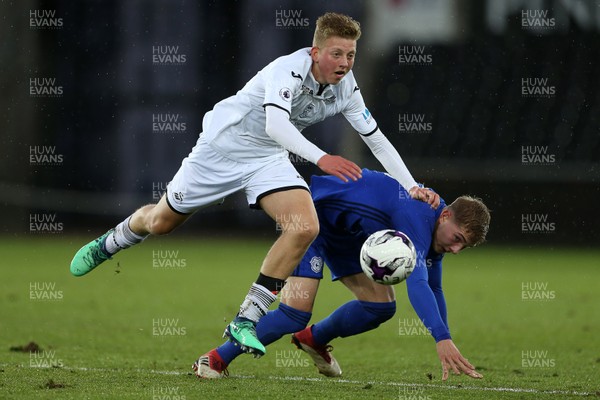 010518 - Swansea City U19s v Cardiff City U19s - FAW Youth Cup Final - Kees De Boer of Swansea is challenged by Laurence Wootton of Cardiff