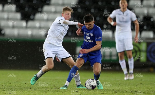 010518 - Swansea City U19s v Cardiff City U19s - FAW Youth Cup Final - Mark Harris of Cardiff is tackled by Kees De Boer of Swansea