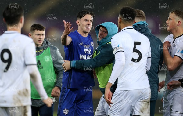 010518 - Swansea City U19s v Cardiff City U19s - FAW Youth Cup Final - Cameron Coxe of Cardiff is dragged away from Ben Cabango of Swansea