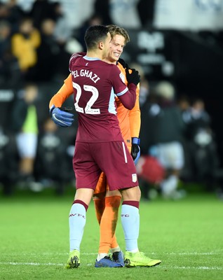 261218 - Swansea City v Aston Villa - SkyBet Championship - Orjan Nyland and Anwar El Ghazi of Aston Villa celebrate saving Wilfried Bony of Swansea City shot