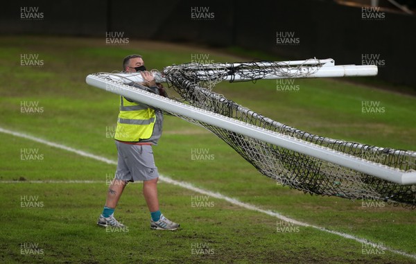191220 - Swansea City v Barnsley - SkyBet Championship - Pitch staff remove the goals after the game