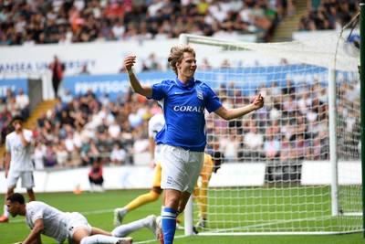 080826 - Swansea City v Birmingham City - Carabao Cup First Round - August Priske of Birmingham City celebrates scoring a goal