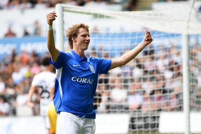 080826 - Swansea City v Birmingham City - Carabao Cup First Round - August Priske of Birmingham City celebrates scoring a goal