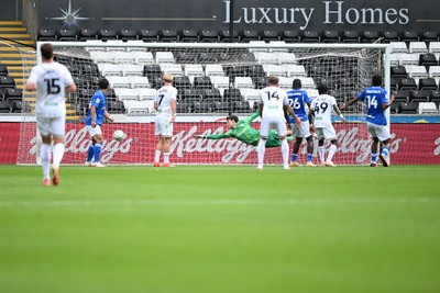080826 - Swansea City v Birmingham City - Carabao Cup First Round - James Beadle of Birmingham City saves a shot from Marko Stamenic of Swansea City
