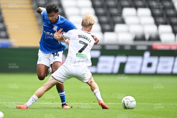 080826 - Swansea City v Birmingham City - Carabao Cup First Round - Jhon Solis of Birmingham City is challenged by Melker Widell of Swansea City
