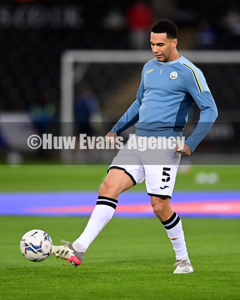050222 - Swansea City v Blackburn Rovers - Sky Bet Championship - Ben Cabango of Swansea City during the pre-match warm-up 