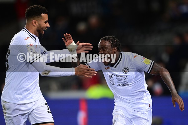 050222 - Swansea City v Blackburn Rovers - Sky Bet Championship - Michael Obafemi of Swansea City celebrates scoring the opening goal 
