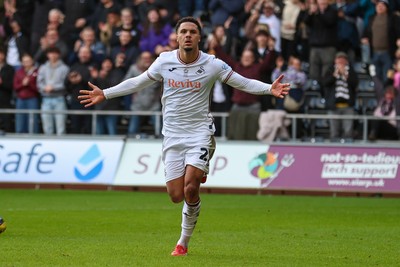 220225 - Swansea City v Blackburn Rovers - Sky Bet Championship - Myles Peart-Harris of Swansea City celebrates after scoring