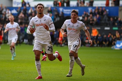 220225 - Swansea City v Blackburn Rovers - Sky Bet Championship - Myles Peart-Harris of Swansea City celebrates after scoring