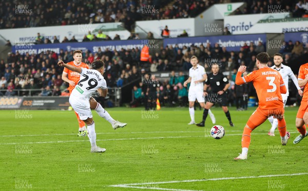 150223 - Swansea City v Blackpool, EFL Sky Bet Championship - Matty Sorinola of Swansea City shoots to score the opening goal