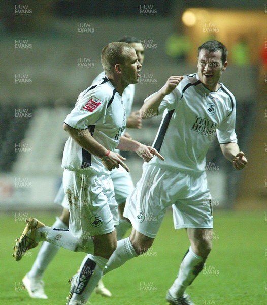 030206 Swansea City v Bournemouth Swansea's Andy Robinson celebrates his goal with Kevin McLeod 