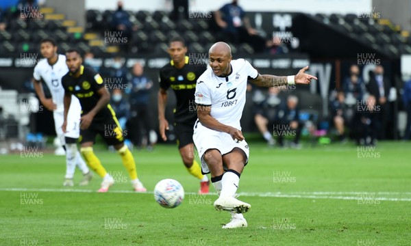 260720 - Swansea City v Brentford - EFL SkyBet Championship Play-Off - Andre Ayew of Swansea City shoots from the penalty spot but the shot is saved