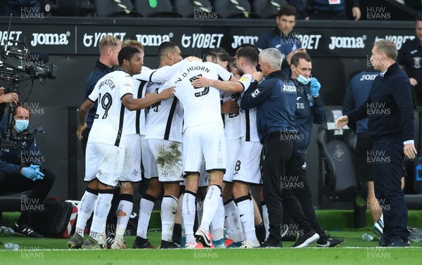 260720 - Swansea City v Brentford - EFL SkyBet Championship Play-Off - Swansea City players celebrates Andre Ayew of Swansea City goal