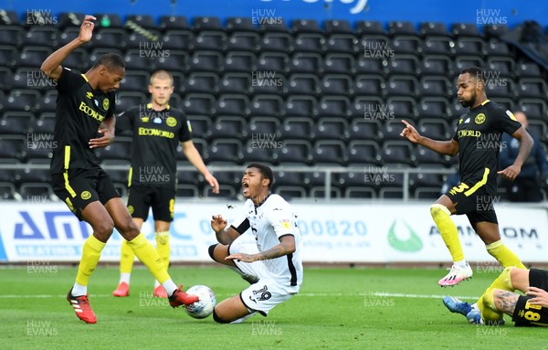 260720 - Swansea City v Brentford - EFL SkyBet Championship Play-Off - Rhian Brewster of Swansea City is brought down by Pontus Jansson of Brentford in the penalty area which results in a penalty
