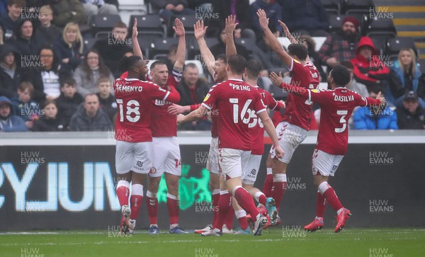 130222 - Swansea City v Bristol City, Sky Bet Championship - Andreas Weimann of Bristol City celebrates with team mates after scoring goal
