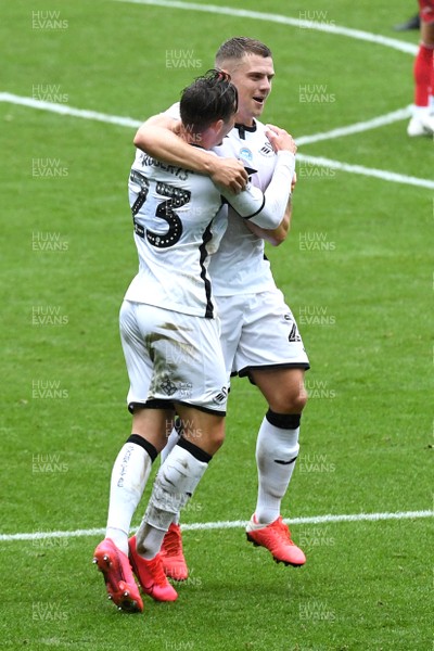 180720 - Swansea City v Bristol City - SkyBet Championship - Connor Roberts of Swansea City celebrates scoring goal with Jake Bidwell (right)