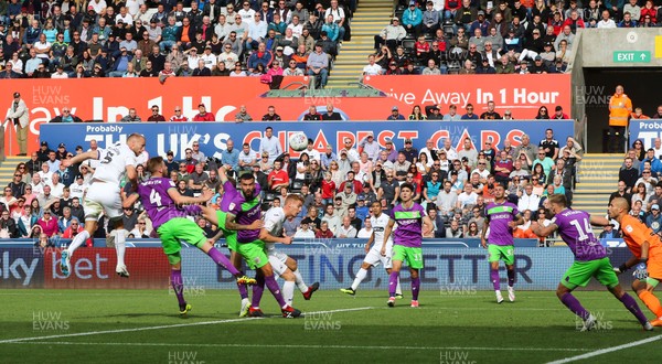 250818 - Swansea City v Bristol City, Sky Bet Championship - Mike van der Hoorn of Swansea City heads at goal only for it to be cleared off the line by Andreas Weimann of Bristol City
