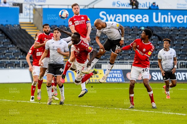 270221 - Swansea City v Bristol City - Sky Bet Championship - Andre Ayew of Swansea City makes a missed header towards the Bristol goal 