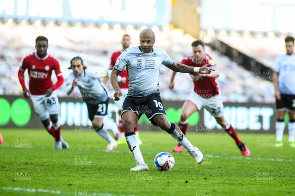 270221 - Swansea City v Bristol City - Sky Bet Championship - Andre Ayew of Swansea City scores from a penalty 