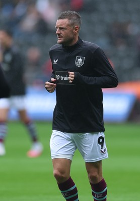 120926 Swansea City v Burnley, EFL Sky Bet Championship - Jamie Vardy of Burnley warms up as he is announced on the replacements bench for the match